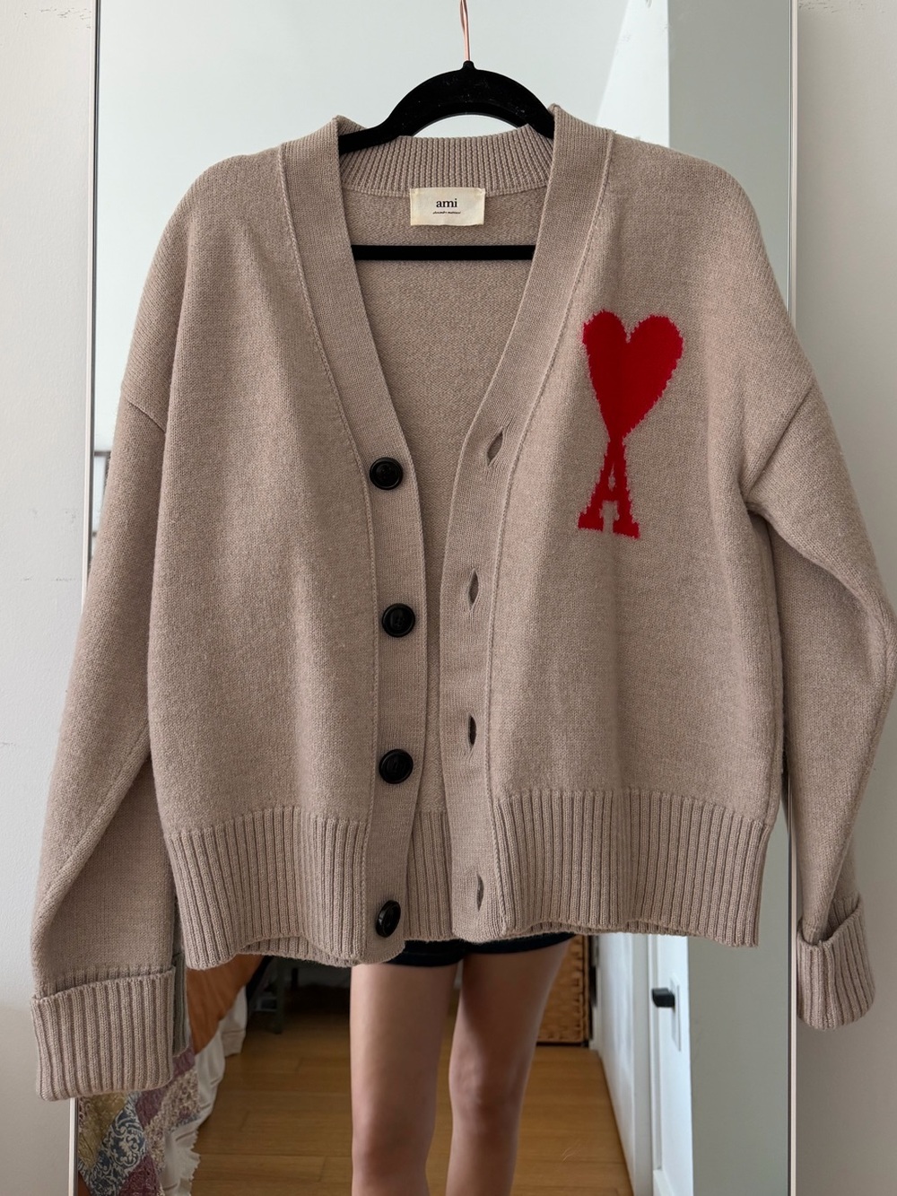 AMI Beige Red Heart Cardigan Sweater 100% Wool